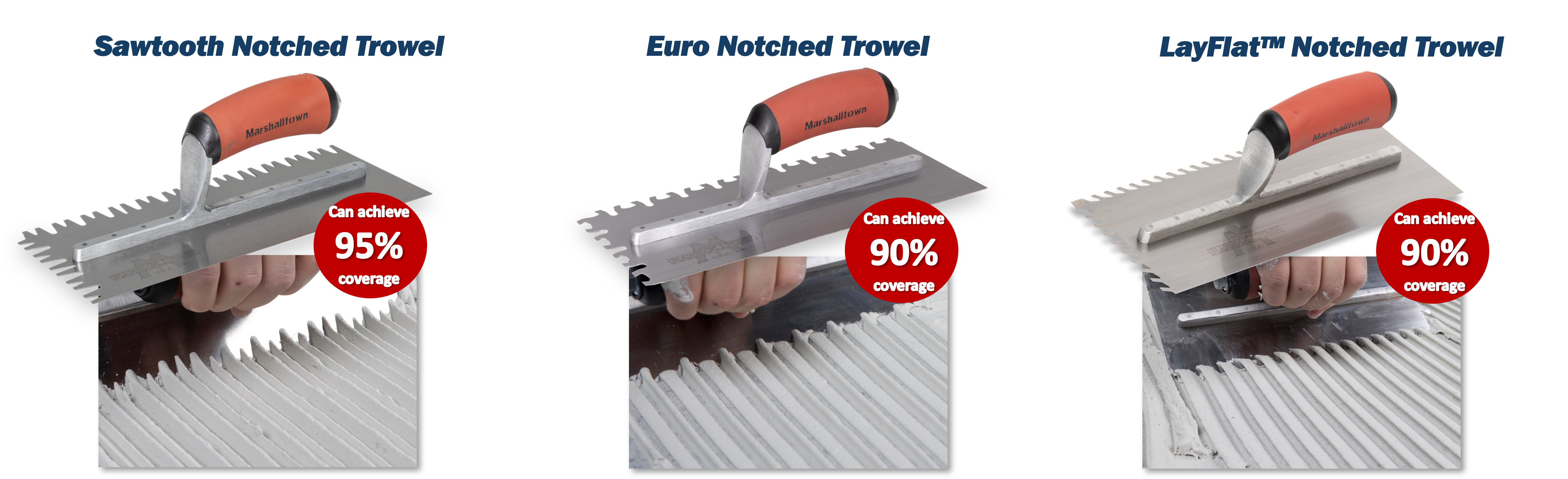 Three MARSHALLTOWN large format tile trowels: Sawtooth, Euro, and LayFlat specialty notched trowels